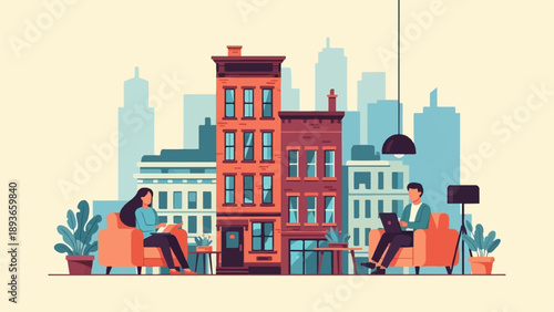 Two people relaxing in cozy chairs with laptops and books against a city backdrop