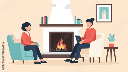 Two people relaxing in cozy armchairs by a fireplace, one with a tablet