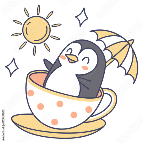 Cute Amused Penguin, accessorized with in a teacup, in a Morning sunshine world – Sunny Mornings palette vector