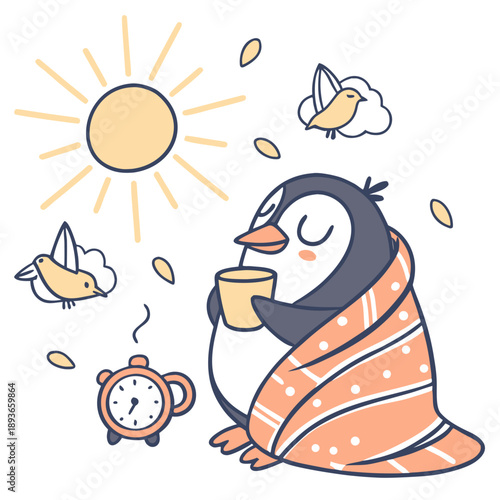 Vector illustration of a Funny Penguin with snuggled in a sock, styled in a Morning sunshine theme using Sunny Mornings colors