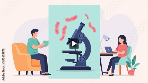 Two people engage in learning, one observing a microscope with microbes, the other typing