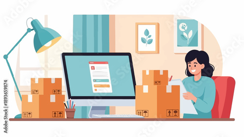 Woman at desk with computer and boxes, preparing packages for shipment