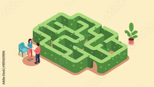 Two people discuss a plan by a green maze, with a chair and plant nearby