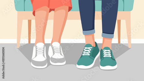 Two people sitting on a bench, wearing casual shoes and jeans/skirt