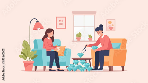 Two people are sitting on couches with diamonds on a table