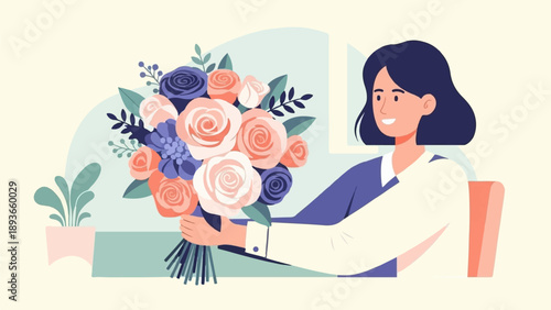 Woman holding a bouquet of colorful flowers with a plant nearby