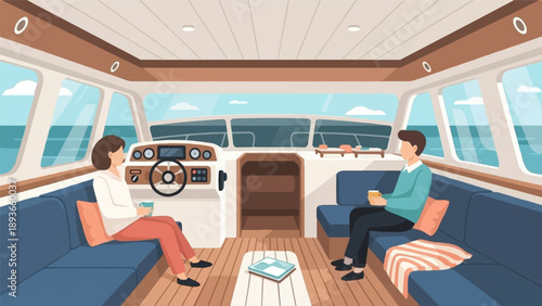 Two people relax on a boat, enjoying drinks while looking out at the water