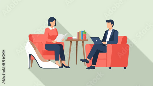 Two people sitting on chairs, one reading, one on laptop