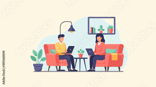 Two people sitting on comfortable chairs, engrossed in their laptops