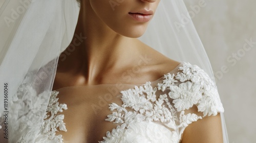 Wallpaper Mural A stunning bride stands gracefully, her exquisite gown adorned with delicate floral lace. The soft veil falls gently around her shoulders, setting a serene and romantic mood Torontodigital.ca