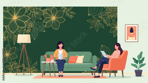 Two women in a room with a floral accent wall, one reading on sofa, one in chair