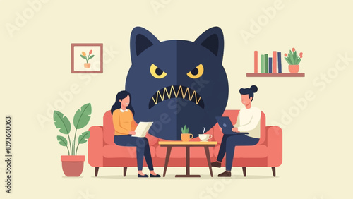 Two people sitting on a sofa with a large cartoon monster behind them