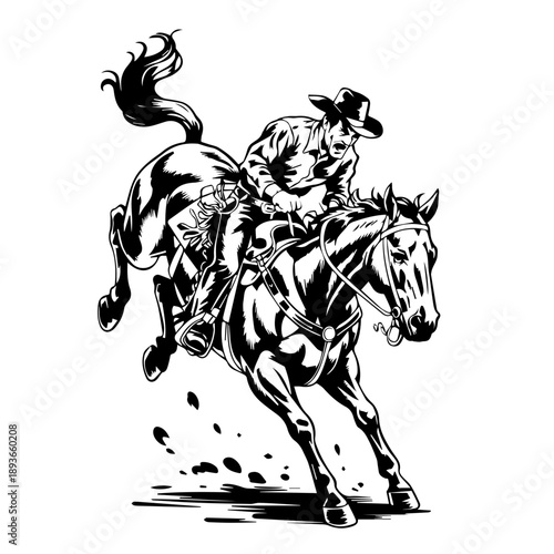 Bold black vector illustration of full cowboy riding a bucking horse in vintage classic style art