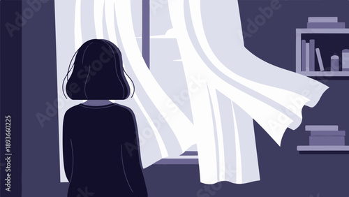 Woman looking out window at billowing curtains