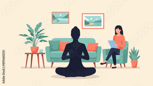 Woman meditating in a calm room with a therapist