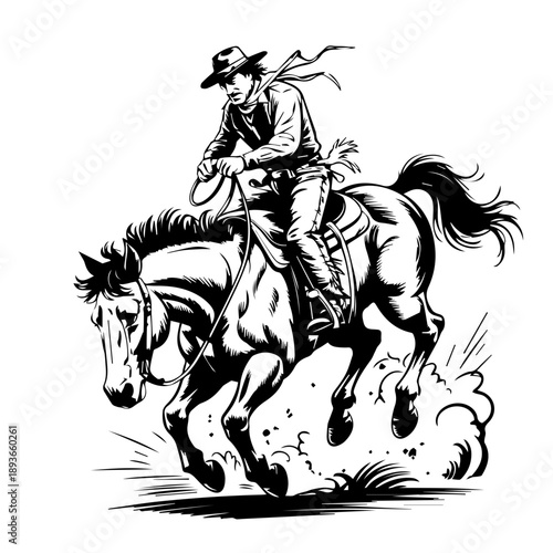Bold black vector illustration of full cowboy riding a bucking horse in vintage classic style art