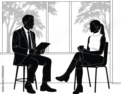 Professional meeting silhouette of a man with a clipboard talking to a woman holding a coffee cup near a window.