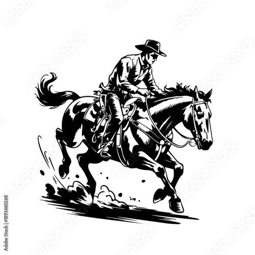 Bold black vector illustration of full cowboy riding a bucking horse in vintage classic style art