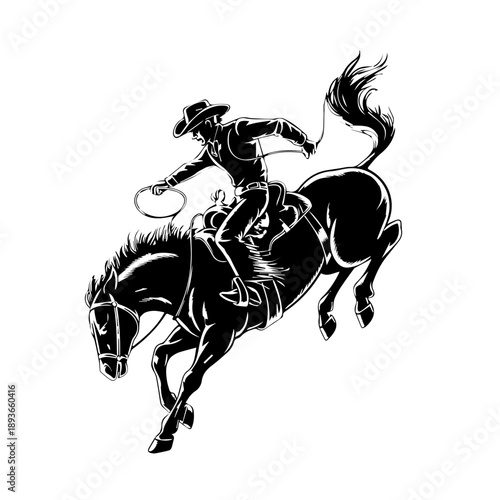 Bold black vector illustration of full cowboy riding a bucking horse in vintage classic style art