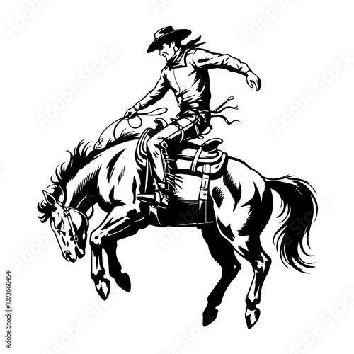 Bold black vector illustration of full cowboy riding a bucking horse in vintage classic style art