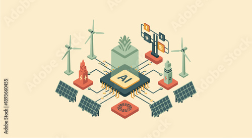 AI powers sustainable energy solutions: wind turbines, solar panels, and smart grid technology