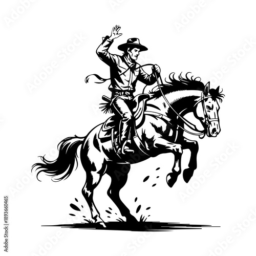 Bold black vector illustration of full cowboy riding a bucking horse in vintage classic style art
