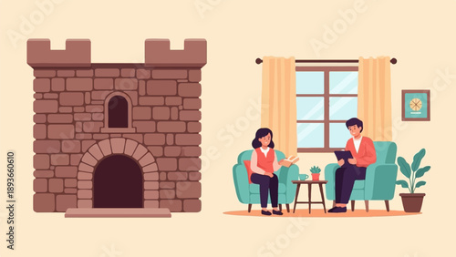 Stone castle tower next to a cozy living room with people relaxing