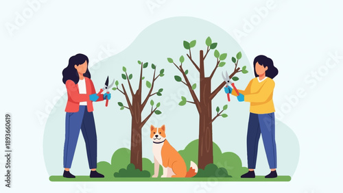 Two people tend to trees, a dog sits calmly in the foreground