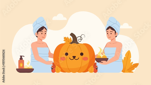 Two women in towels, a cute pumpkin, and fall elements for a spa