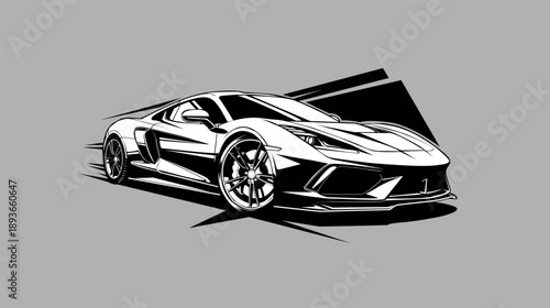 Stylized black and white illustration of a modern corvette sports car speeding forward