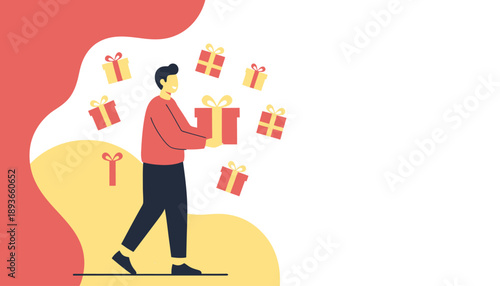 Man Holding Gift Box Surrounded by Presents.