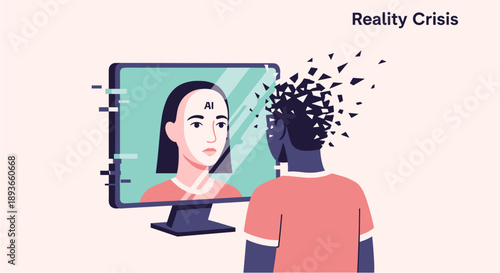 Man's head disintegrates into digital fragments, reflecting an AI avatar on a computer screen, symbolizing a reality crisis.