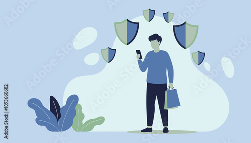 Man Protected by Shields Using Smartphone.