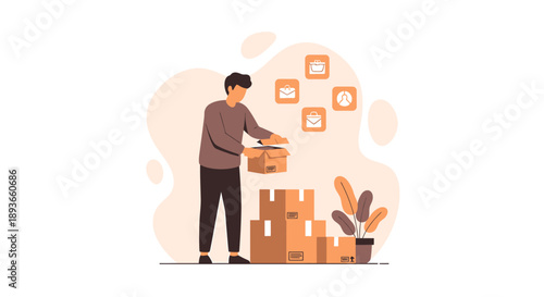 Man Packing Boxes for Moving or Storage.