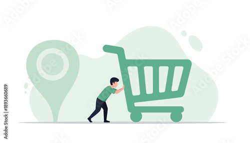 Man Pushing Shopping Cart Near Location Pin.