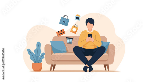 Man sitting on sofa using smartphone surrounded by shopping items.