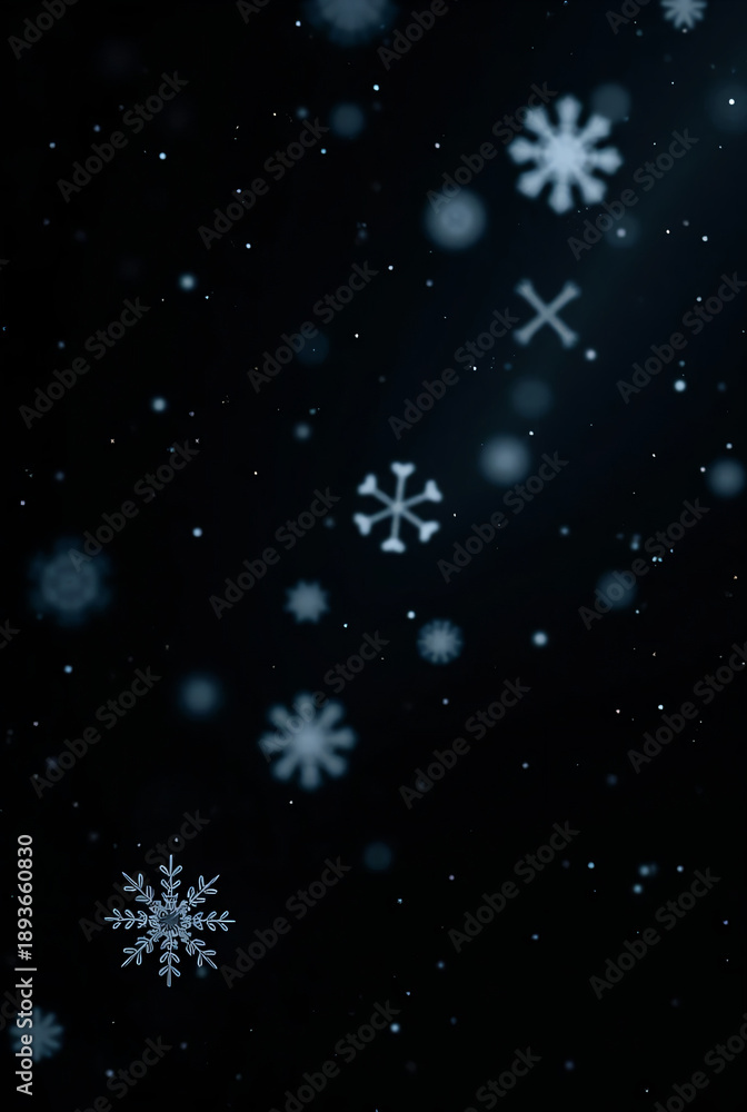 Obraz premium A serene winter night with delicate snowflakes gently falling against a dark, mystical sky