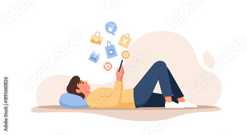 Person lying down using a smartphone with shopping icons floating above.