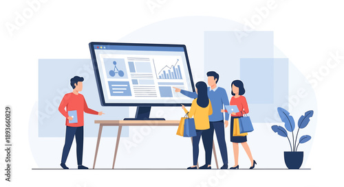 Team analyzing data on a large computer screen.