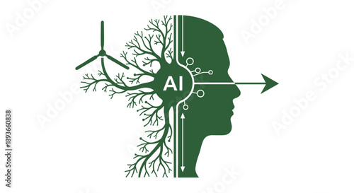 AI and Renewable Energy: Brain, Wind Turbine, and Human Head Silhouette