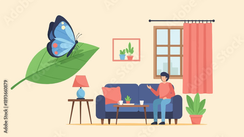 Person sitting on sofa with butterfly on leaf and window in room