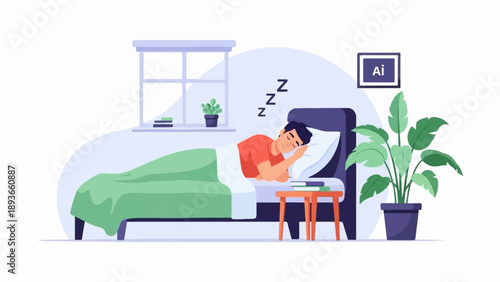 Person sleeping peacefully in bed, window, plants, and a sign