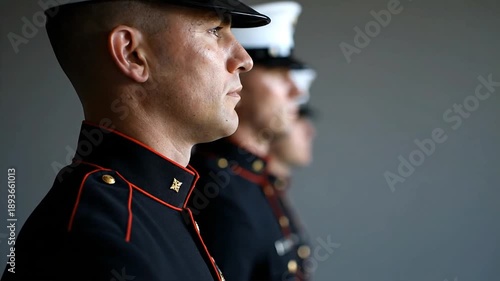 Military personnel in uniform standing at attention indoors with gray background