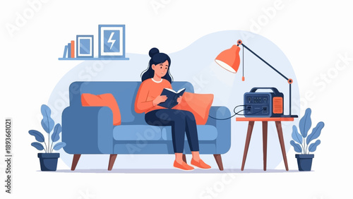 Woman reading a book on a couch, lit by a lamp powered by a generator