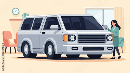 Woman polishing her silver van indoors with furniture nearby