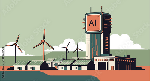 AI-powered renewable energy infrastructure with wind turbines and smart buildings