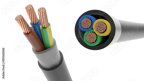 Electrical cable with multiple colored wires and copper conductors shown in detailed cross section view