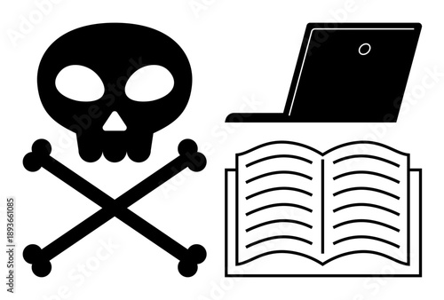 Digital piracy, copyright infringement, online theft, intellectual property, cybersecurity, cybercrime. Black skull and crossbones, open book laptop symbols. Digital piracy and copyright