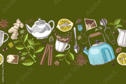 Tea hand drawn seamless border