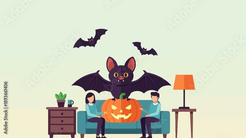 Halloween scene with a bat on a pumpkin, two people, and flying bats